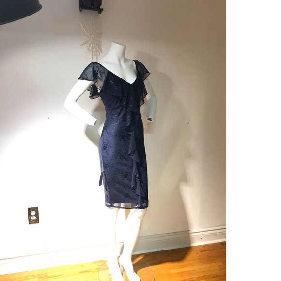 Le Chateau Blue Foil Sheer Lace Formal Bodycon Ruffle Off- Shoulder Dress NWT - Picture 4 of 5